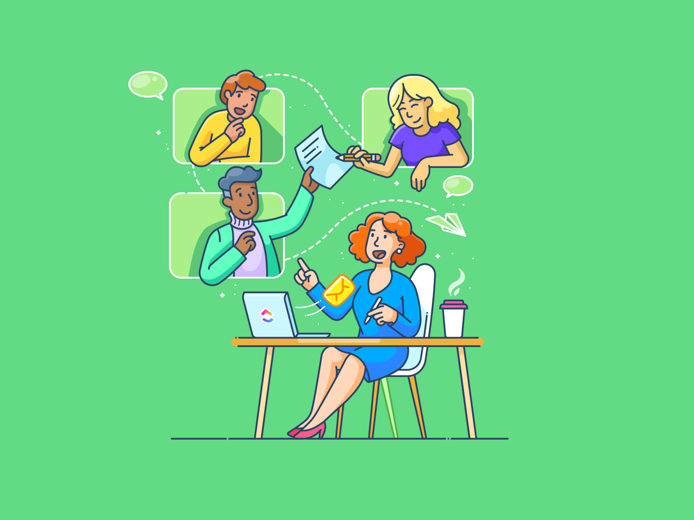 Four people collaborating remotely, there is a green background and a woman at a desk is leading the image