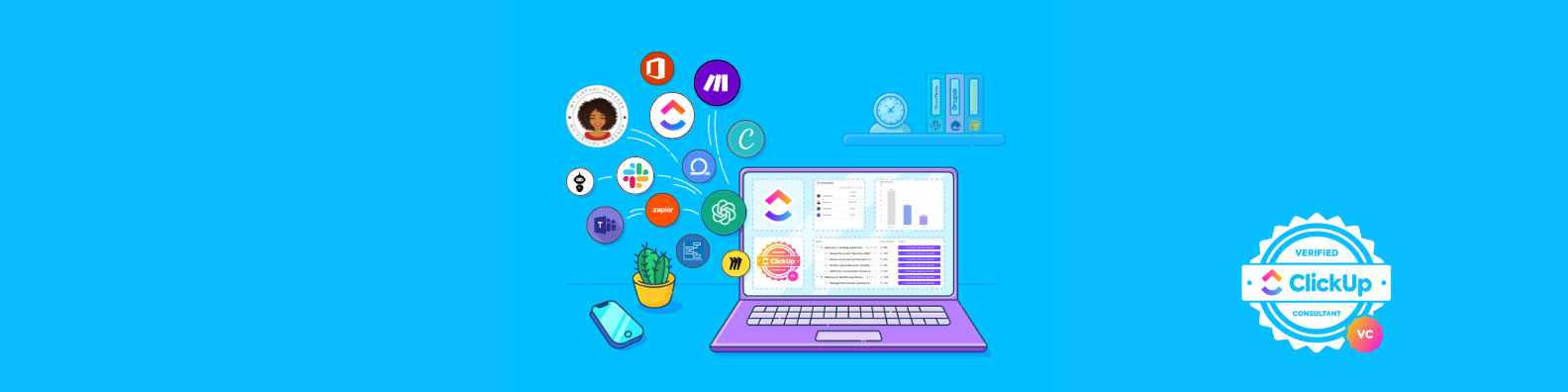 A visual representation of a ClickUp-based project delivery system, showing how workflows, dashboards, and reporting tools combine to support scalable operations and delivery clarity.