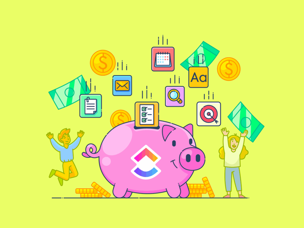 Pink Pig on a yellow background with multiple apps heading towards it from the sky