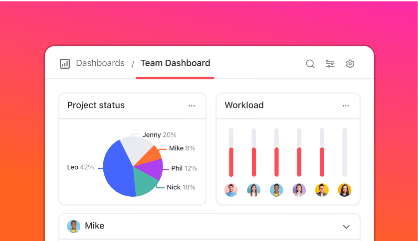 ClickUp Dashboard on a pink and orange gradient background, with several visualisations representing a Dashboard