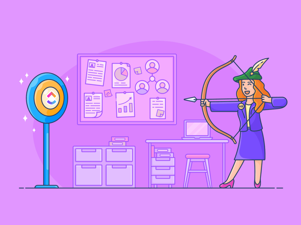 Agency Manager aiming towards a target with the ClickUp logo. There is a desk in the background