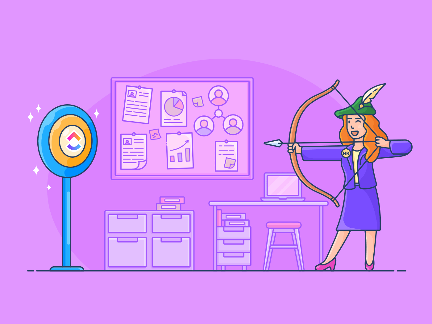 Agency Manager aiming towards a target with the ClickUp logo.
There is a desk in the background