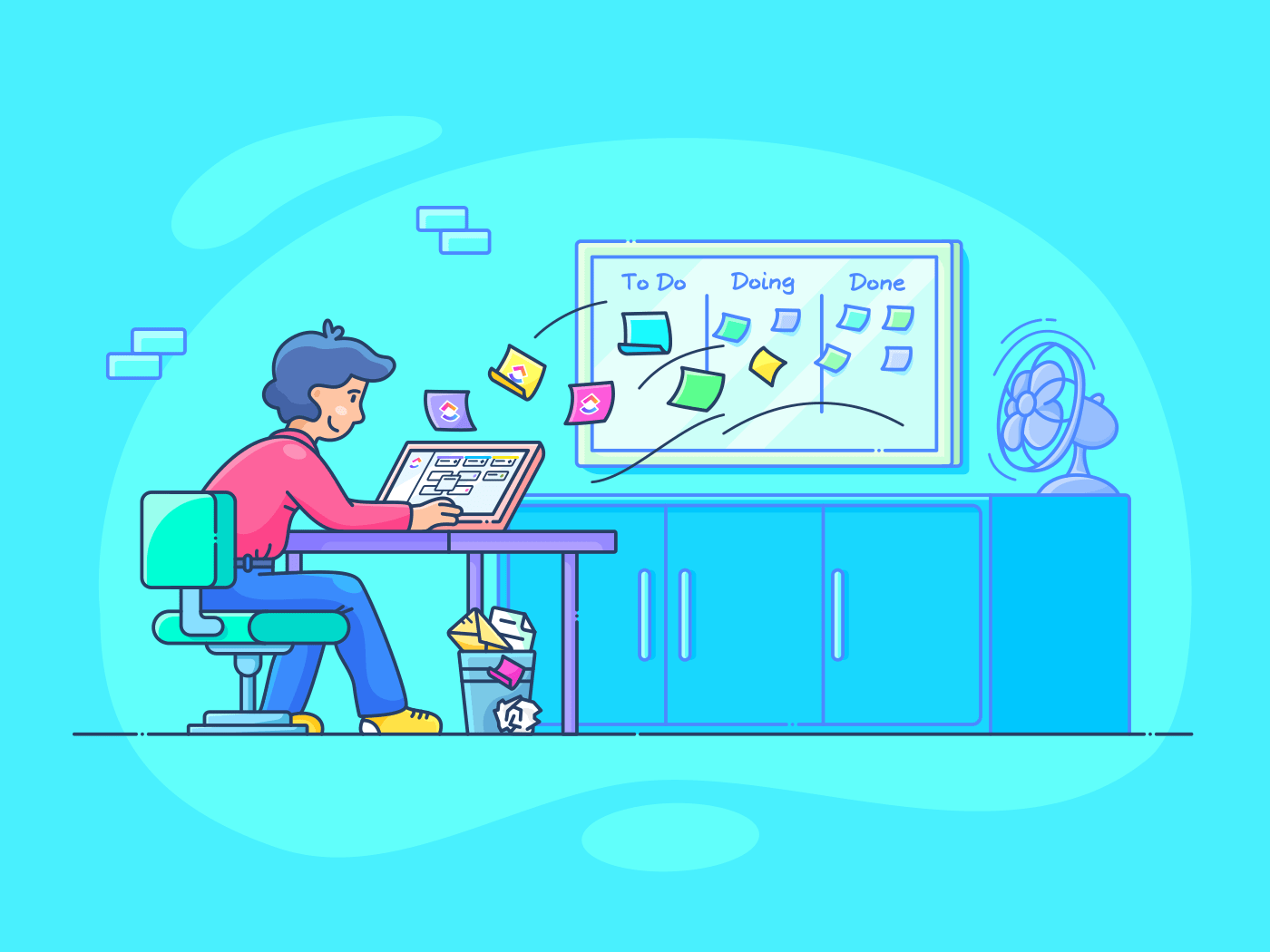 Person sitting at a desk managing their tasks on a Kanban board. Picture has a blue tint to it with blue background, desk, plant and chair