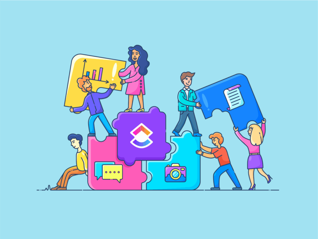 Stylised image with a bright blue background of a Team working together to optimise their ClickUp workspace.
