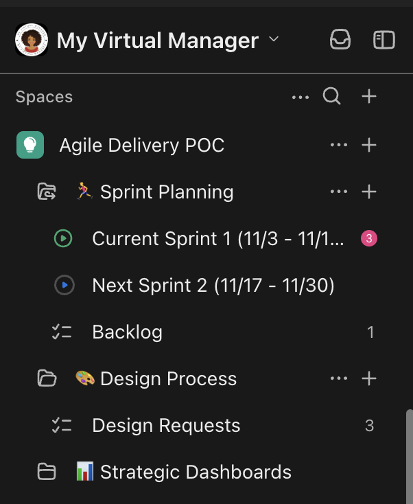 Simplified ClickUp hierarchy showing spaces, folders, and lists.
