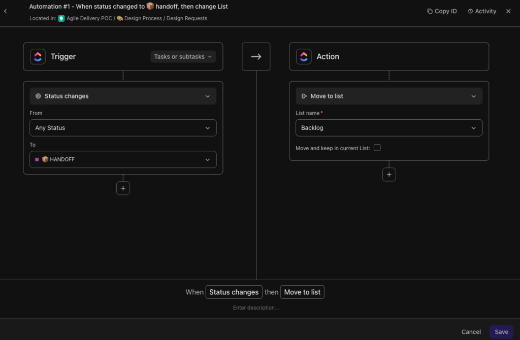 ClickUp automation example for status change notifications.