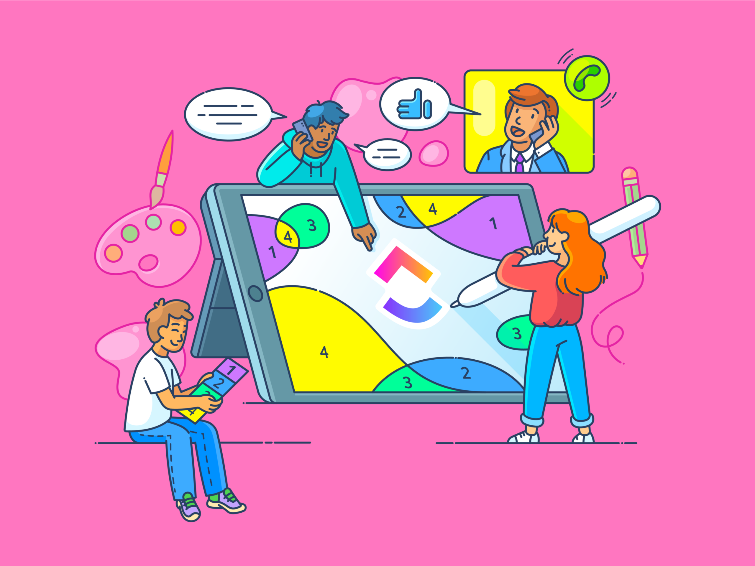 Illustration of a team collaborating on ClickUp workflow design, showing a scalable project delivery system and multi-department workflow optimisation.