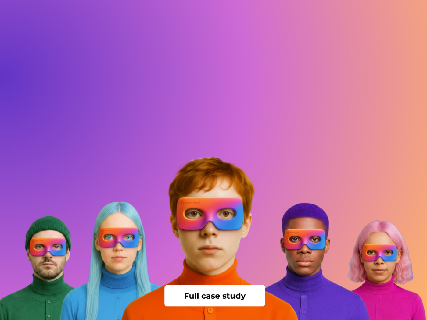 Illustration representing ClickUp Super Agent analysing team activity, showing diverse team members wearing AI visor masks against a colourful gradient background.