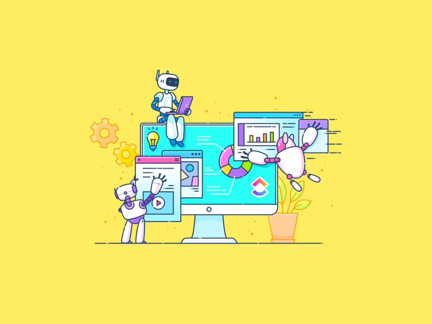 Yellow background with robots illustrating using ClickUp automation