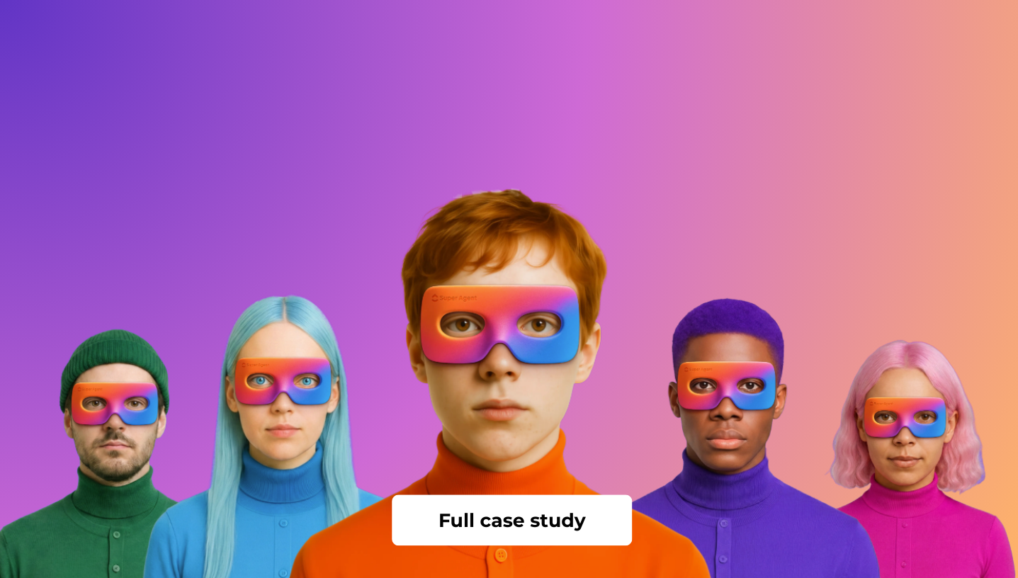 Illustration representing ClickUp Super Agent analysing team activity, showing diverse team members wearing AI visor masks against a colourful gradient background.