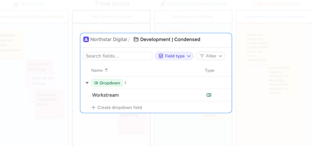 ClickUp workspace showing a custom dropdown field called Workstream used to organise tasks and improve workflow clarity in a development project